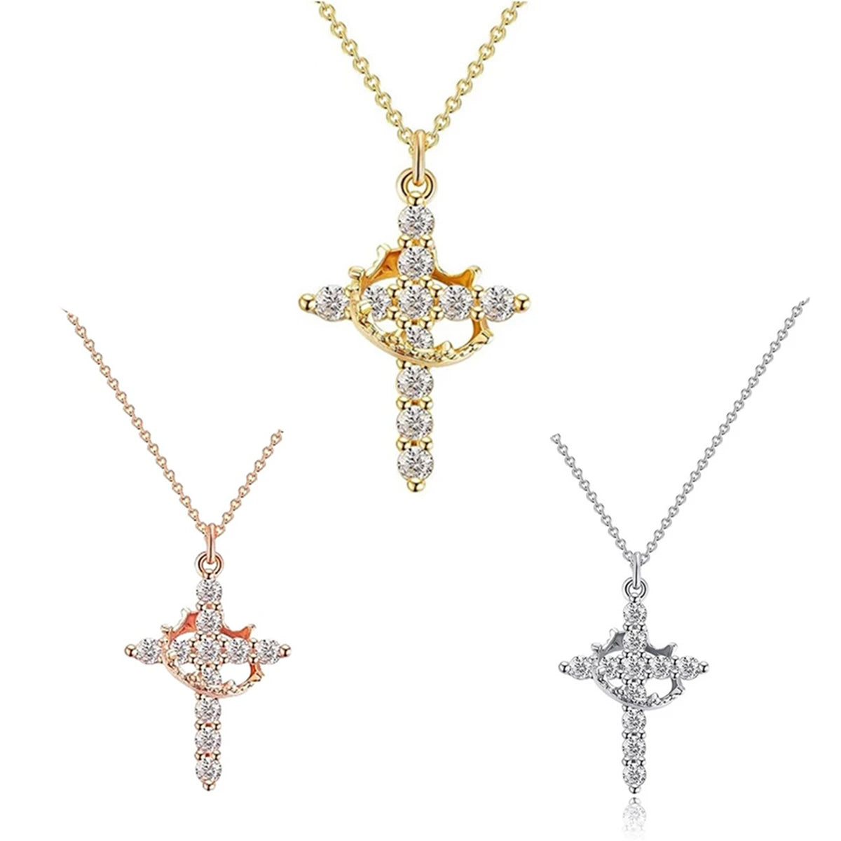 Luxury Rotatable Crown Zircon Cross Necklace Earrings Rings for Women Stainless Steel Cross Chain Christian Jewelry Prayer Gift