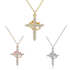 Luxury Rotatable Crown Zircon Cross Necklace Earrings Rings for Women Stainless Steel Cross Chain Christian Jewelry Prayer Gift