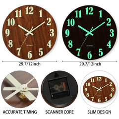 12 Inch Luminous Wall Clock Wood Silent light in dark night Nordic Fashion Wall Clock Non Ticking Clock With Night Light Home Decor