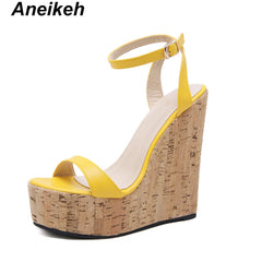 Aneikeh Fashion Shoes Woman Open Toe Platform Wedge Sandal for Woman Cutouts Super High Ankle Strap Gladiator Shoes Summer Heels