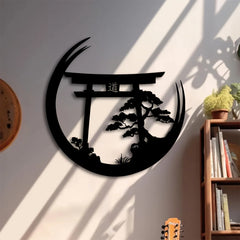 Japanese Bonsai Tree Torii Gate Wall Sculpture - Metal Wall Art, Elegant Hanging Decoration, Housewarming Iron Mural Gift