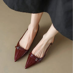 2024 New Summer Women's Dress Shoes Patent Leather Slip on Pointed Toe Sandals Buckle Slingbacks Mid Heels Pumps Sandalias Shoes