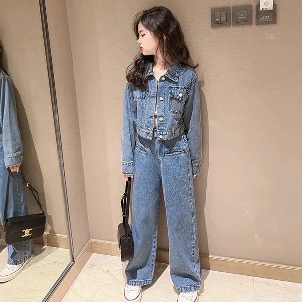 Spring and Autumn New Girls Autumn Clothing Denim Fashionable Korean Style Fried Street Wide-Leg Pants Two-Piece Set