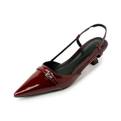 2024 New Summer Women's Dress Shoes Patent Leather Slip on Pointed Toe Sandals Buckle Slingbacks Mid Heels Pumps Sandalias Shoes