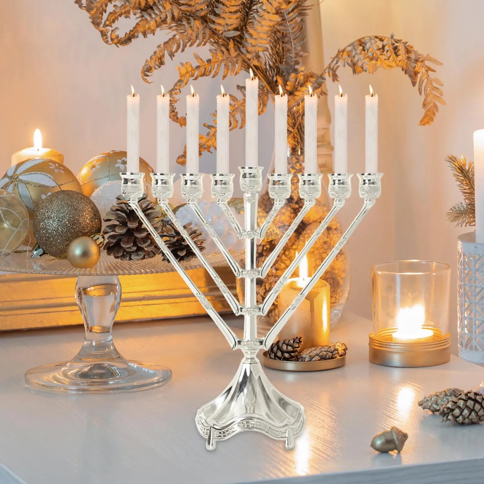Vintage Hanukkah Menorah with 9 Arms Jerusalem Temple Candle Holder Sturdy for Prayer Festive Celebration Chanukah Decoration