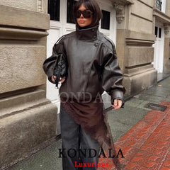 KONDALA Black Leather Jacket – Oversized Spring Coat