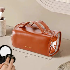 Foldable Leather Travel Cosmetic Bag Large Capacity Portable Women Makeup Case Waterproof Toiletry Makeup Organizer Storage Bag