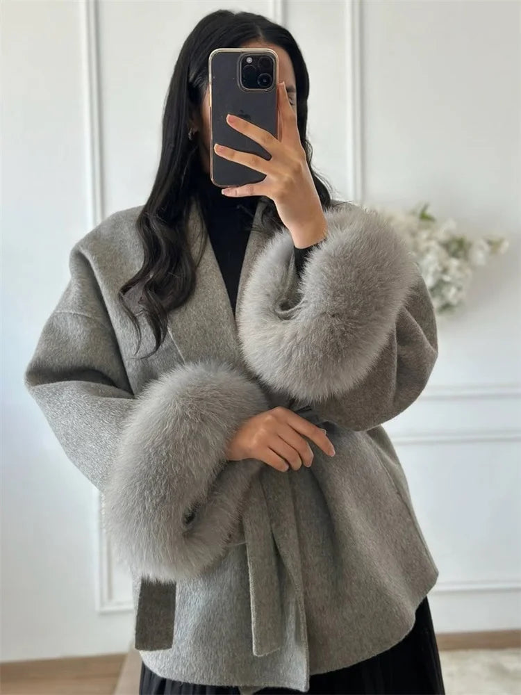 Tossy Fox Fur Wool Short Coat – Elegant Double-Sided Women Jacket