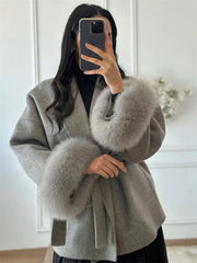 Tossy Fox Fur Wool Short Coat – Elegant Double-Sided Women Jacket