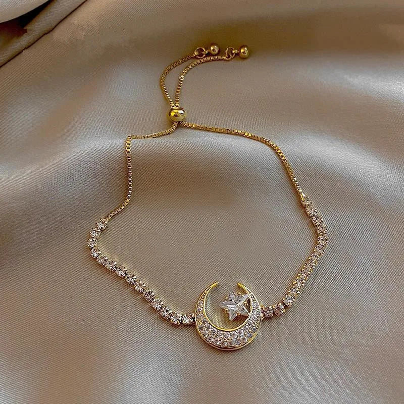 Korea New Design Fashion Jewelry 14K Gold Plated Zircon Star Moon Stretch Adjustable Islamic Bracelet Girl Gift Women Custom Jewelry