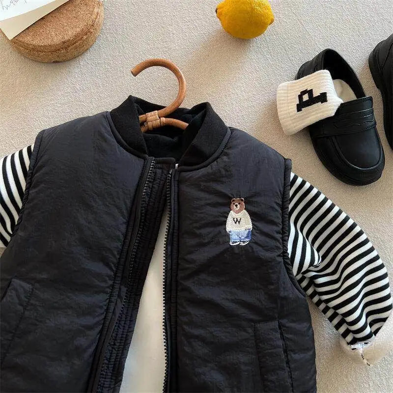 Children's Cotton Waistcoat Boys 2025 Winter Baseball Collar Vest Jacket Baby Keep Warm Sleeveless Jacket Girls Embroidery Top