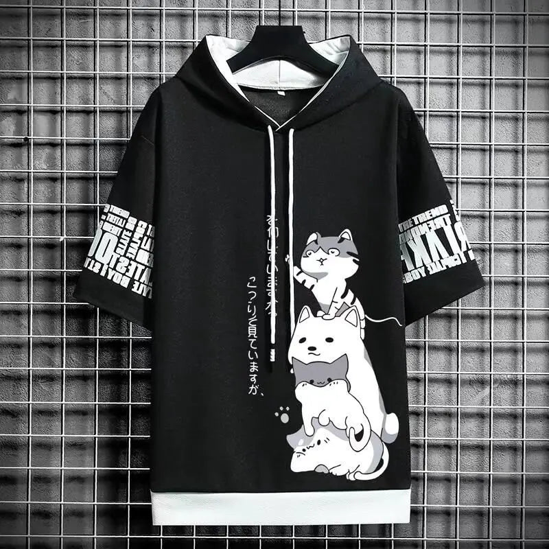 Men's Japan Fashion Men's Hoodies Summer Men Clothing Cartoon Casual Harajuku Streetwear Print Hooded Top Short Sleeve Sweatshirts Men