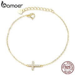 Bamoer Genuine 925 Sterling Silver Adjustable Cross Bracelet 6.10+0.98 inch 14K Gold Plated Chain Link Luxury Jewelry Women Gift