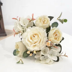 Artificial Flowers Retro Silk Rose Bouquet Hydrangea Peony Vintage Bride Holding Fake Plants Home Wedding Decoration Accessories