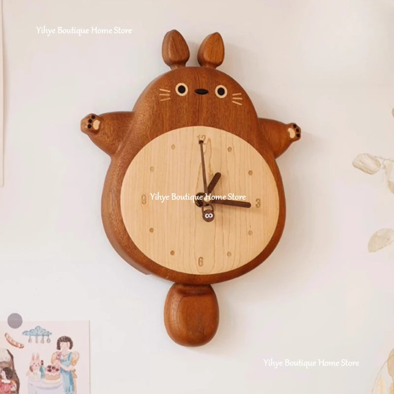 Creative Totoro Wall Clock Solid Wood Cute Living Room Pendulum Hanging Wall Decoration Wall Clocks Ins Style Home Decor Gift