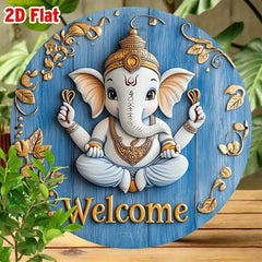 2D Flat] 1pc Vintage Ganesha Welcome Sign – Golden Design, Indian Hindu Deity Decor for Home/Office/Cafe, Perfect Gift