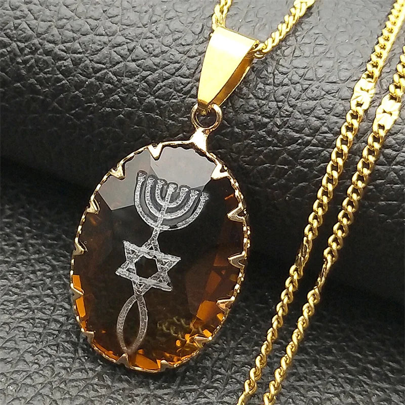 Menorah Star David Jewish Magen Judaica Hebrew Glass Necklace for Women Men Stainless Steel Israel Faith Lamp Hanukkah Jewelry