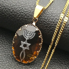 Menorah Star David Jewish Magen Judaica Hebrew Glass Necklace for Women Men Stainless Steel Israel Faith Lamp Hanukkah Jewelry