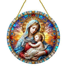 Virgin Mary Suncatcher - Round Acrylic Wall Art, Stained Style Hanging Decor, Ideal for Living Room, Bedroom,Perfect Family Gift