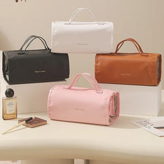 Foldable Leather Travel Cosmetic Bag Large Capacity Portable Women Makeup Case Waterproof Toiletry Makeup Organizer Storage Bag
