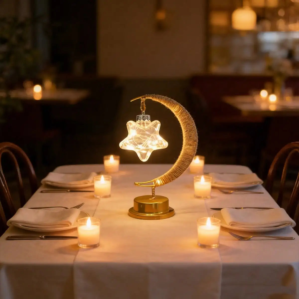 1pc Ramadan Table Lamp Gold Moon Decorative Night Light With Hanging Star or Ball Battery Powered Perfect For Home Bedroom Decor