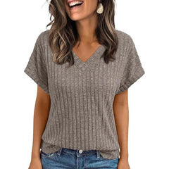 Women’s V-Neck Knit T-Shirt Casual Summer Top