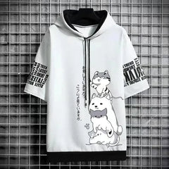 Men's Japan Fashion Men's Hoodies Summer Men Clothing Cartoon Casual Harajuku Streetwear Print Hooded Top Short Sleeve Sweatshirts Men