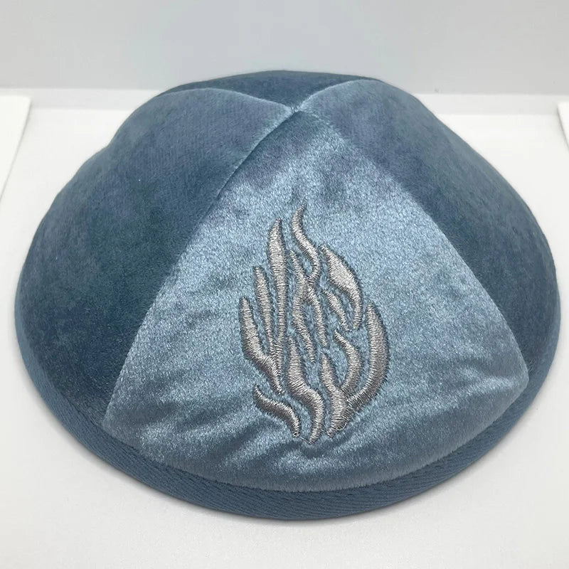 Judaical Velvet Kippah with Embroidery Of Fire for Men Yamaka Hat Kippot Royal Blue Grey 18cm