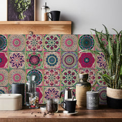 24 pieces of Mandala Retro Pattern Glossy Self-adhesive Tile Stickers for Kitchen and Bathroom Removable Waterproof Wall Sticker Home Decor