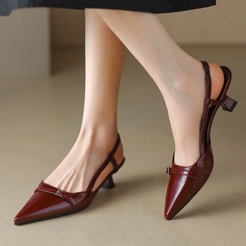 2024 New Summer Women's Dress Shoes Patent Leather Slip on Pointed Toe Sandals Buckle Slingbacks Mid Heels Pumps Sandalias Shoes