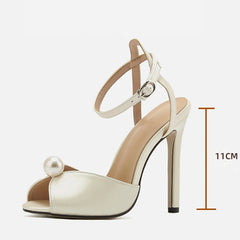Liyke High Quality Cozy Silk Peep Toe Shoes 11CM Thin Heels Gladiator Sandals Women Fashion Pearl Designer Shoes Ankle Strap Sandalias