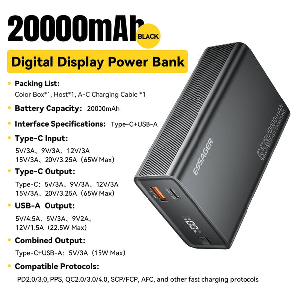 Essager Power Bank 20000mAh Portable PD 65W Fast Charging Mobile Phone External Battery Powerbank For IPhone17 16 15 Laptop Mac