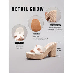 Woven Hemp Rope Thick Heel White Wedge Sandals Summer Waterproof High Heels Cross-Border Style Ladies Slip-On Shoes