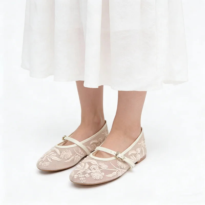 Mesh Embroidery String Bead Brand Women Ballet Flats Fashion Buckle Breathable Mary Jane Shoe Comfort Low Heel Soft Flat Shoes
