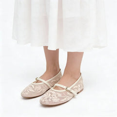 Mesh Embroidery String Bead Brand Women Ballet Flats Fashion Buckle Breathable Mary Jane Shoe Comfort Low Heel Soft Flat Shoes