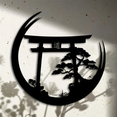 Japanese Bonsai Tree Torii Gate Wall Sculpture - Metal Wall Art, Elegant Hanging Decoration, Housewarming Iron Mural Gift