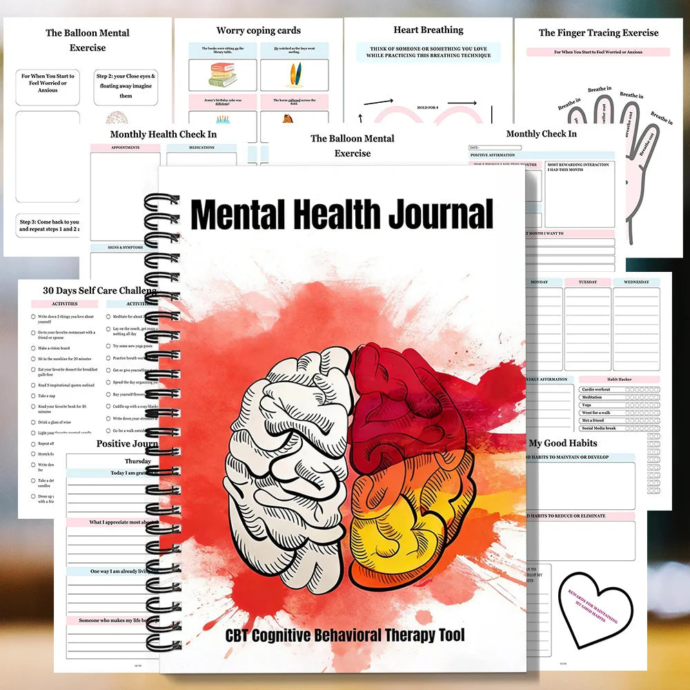 1SET Spiral Notebooks Daily Mental Health Journal, Self-Care, Meditation & Emotional Tracking Diary for Men and Women, Anxiety R