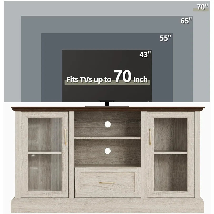 Farmhouse TV Stand for 70 Inch TV Entertainment Unit with Glass Door Storage Cabinets Adjustable Shelves Modern Media Console Living Room Furniture
