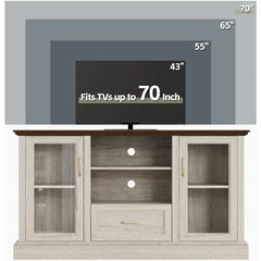 Farmhouse TV Stand for 70 Inch TV Entertainment Unit with Glass Door Storage Cabinets Adjustable Shelves Modern Media Console Living Room Furniture