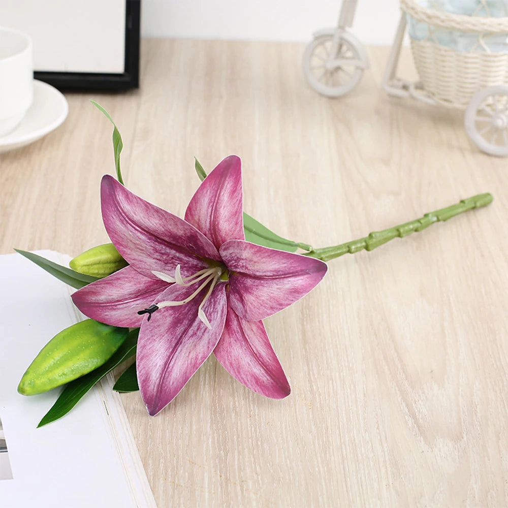 Real Looking 3D Printing Lily Branch  Artificial Flowers White Fake Flowers Flores for Wedding Home Garden Decoration Home Decor, Plants & flowers