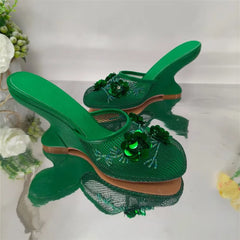 Fashion Women Summer Wedges Mesh Shoes For Woman's Flower Round Toe Slip-On Hollow High Heeled sandals Mujer Party Wedding Pumps