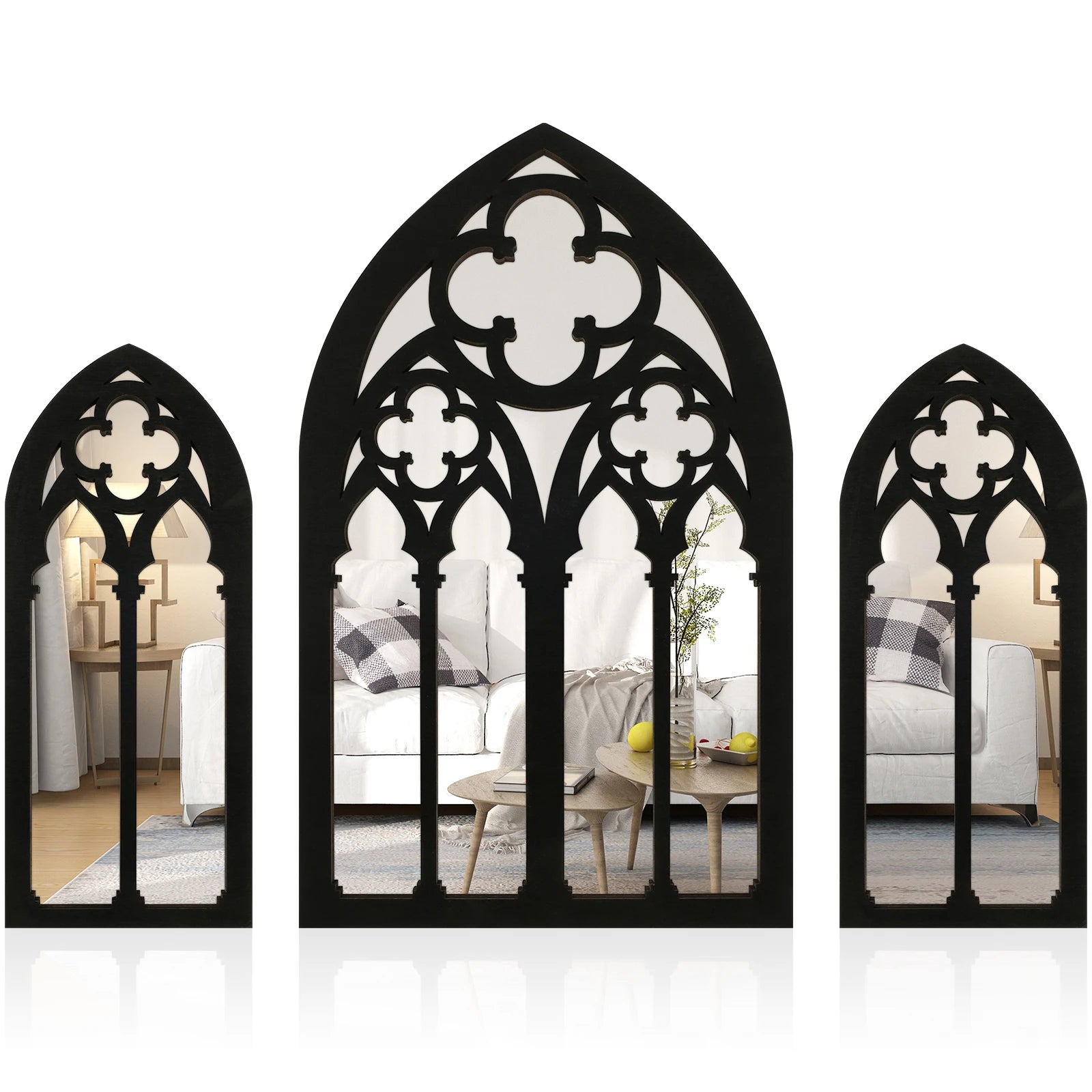 3Pcs Gothic Mirrors Wall Decor Vintage Cathedral Arch Frame Mirror Home Decorative Mirror Bedroom Living Room Art Wall Decor