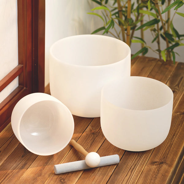 KVKA 10"E 8"G 6"B 432hz 440hz Frosted Quartz Crystal Singing Bowl Chakra Set of 3 pcs for Yoga Sound Healing Musical Meditation