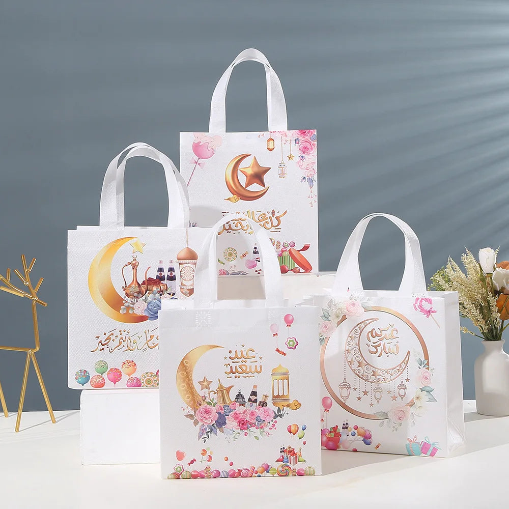 4/8pcs Ramadan Candy Bags with Handle Moon Ramadan Kareem Gift Bags for Eid Party Decorations Eid al Fitr Non-Woven Tote Bags