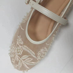 Mesh Embroidery String Bead Brand Women Ballet Flats Fashion Buckle Breathable Mary Jane Shoe Comfort Low Heel Soft Flat Shoes