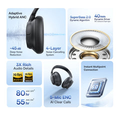 Baseus Bass EH10 NC Wireless Headphones Bluetooth 6.0 Noise Canceling 45dB Over Ear HeadsetSpatial Audio Earphone 80H Time