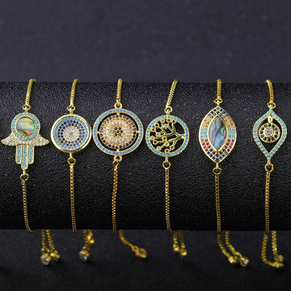 Juya 18K Real Gold Plated Adjustable Chains Multicolor Zirconia Hamsa Fatima Enamel Greek Evil Eye Charms Bracelets For Women