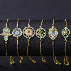 Juya 18K Real Gold Plated Adjustable Chains Multicolor Zirconia Hamsa Fatima Enamel Greek Evil Eye Charms Bracelets For Women
