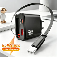 65W USB Phone Charger With Retractable Super Fast Charging Type C Cable For iPhone 17 16 POCO Xiaomi QC 3.0 USB PD Wall Charger