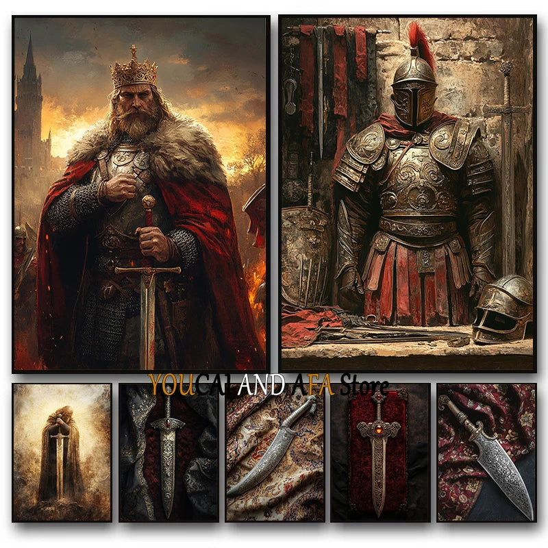 King Arthur and Excalibur Sword in The Stone Sikh Kirpan Sword Excalibur Hilt Poster Canvas Painting Wall Pictures Home Decor